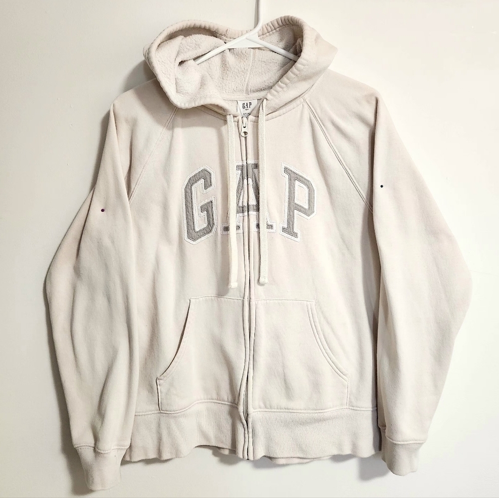 GAP Heritage Full Zip Birch Hoodie Cozy Fleece Long Sleeves Drawstrings Pockets - Picture 2 of 10
